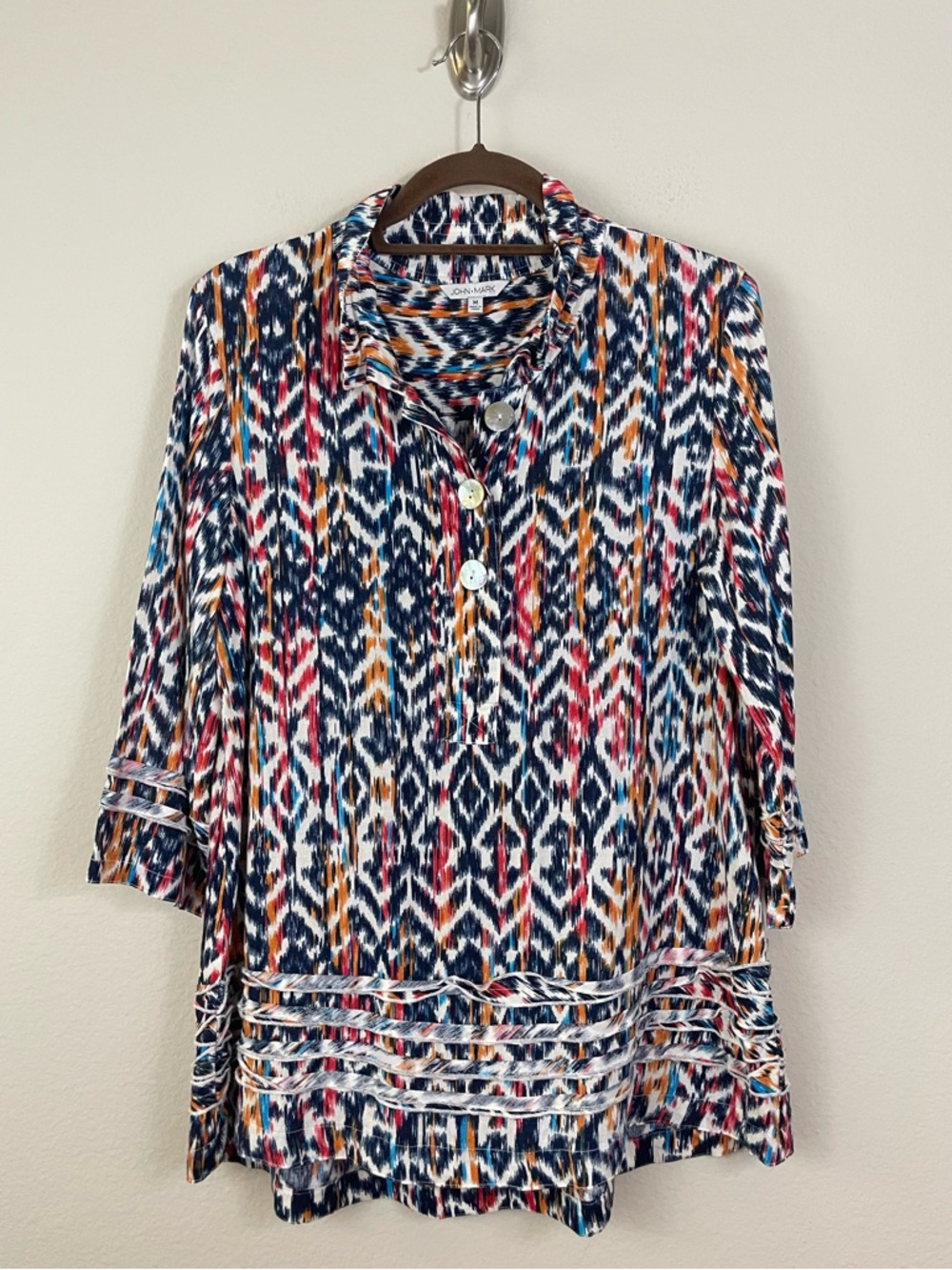 John Mark Multicolor Ikat-Print Linen Blend 3/4 Sleeves Tunic Top Size Medium